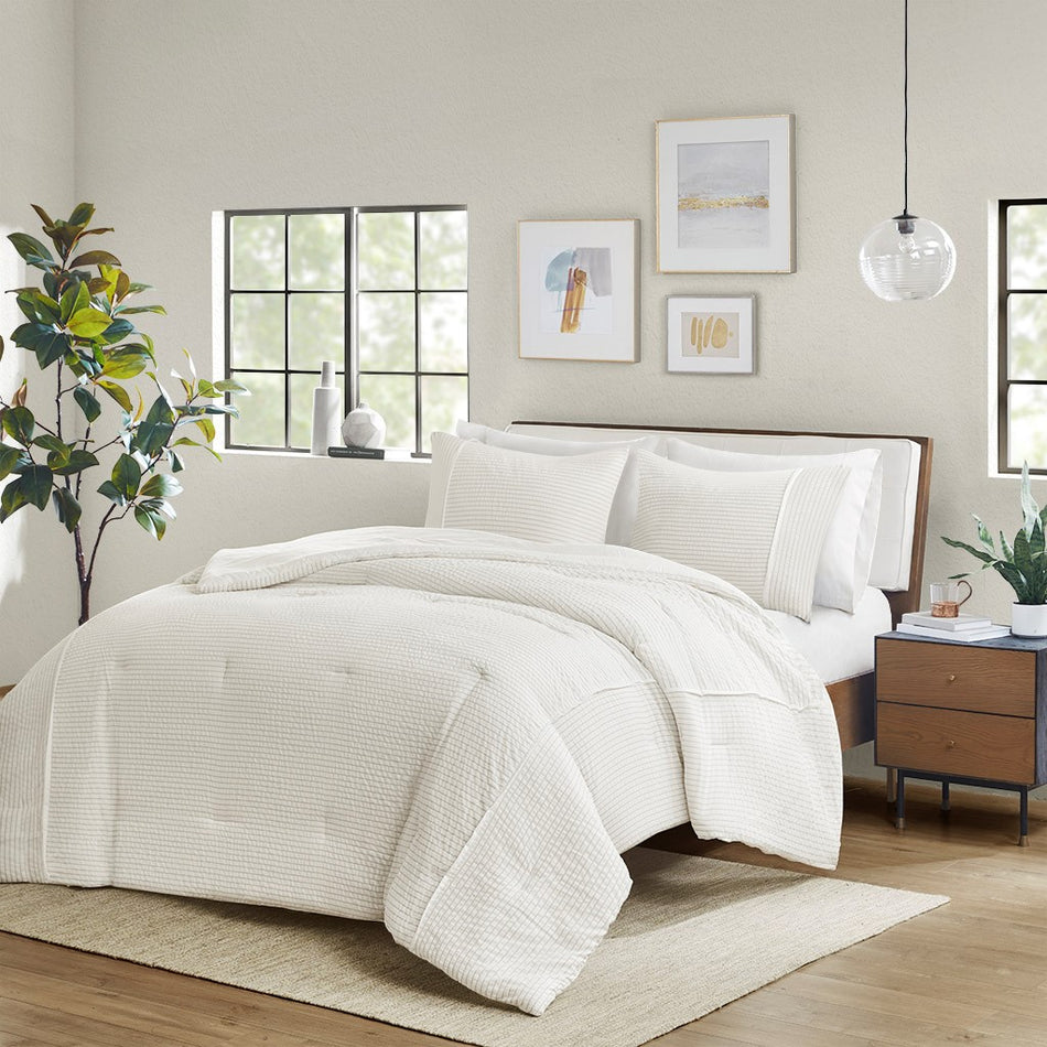 Apollo 3 Piece Striped Seersucker Oversized Comforter Set - Ivory - Full Size / Queen Size