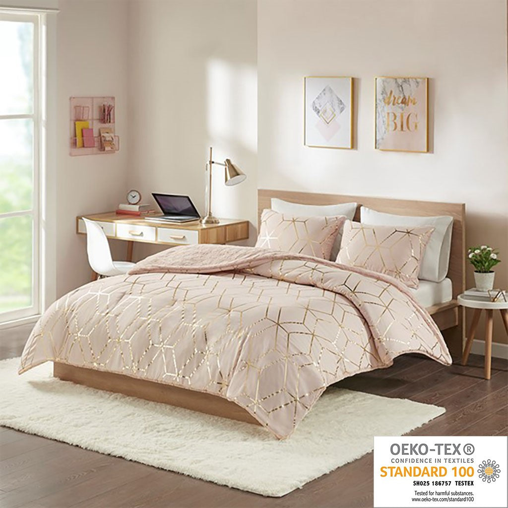 Intelligent Design Ainsley Metallic Print Reversible Comforter Set - Blush - Twin Size / Twin XL Size