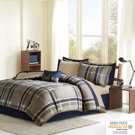 Intelligent Design Robbie Plaid Comforter Set with Bed Sheets - Navy Multi - Queen Size