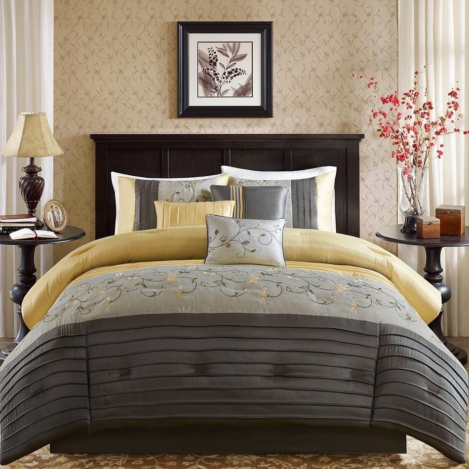 Serene Embroidered 7 Piece Comforter Set - Yellow - Cal King Size