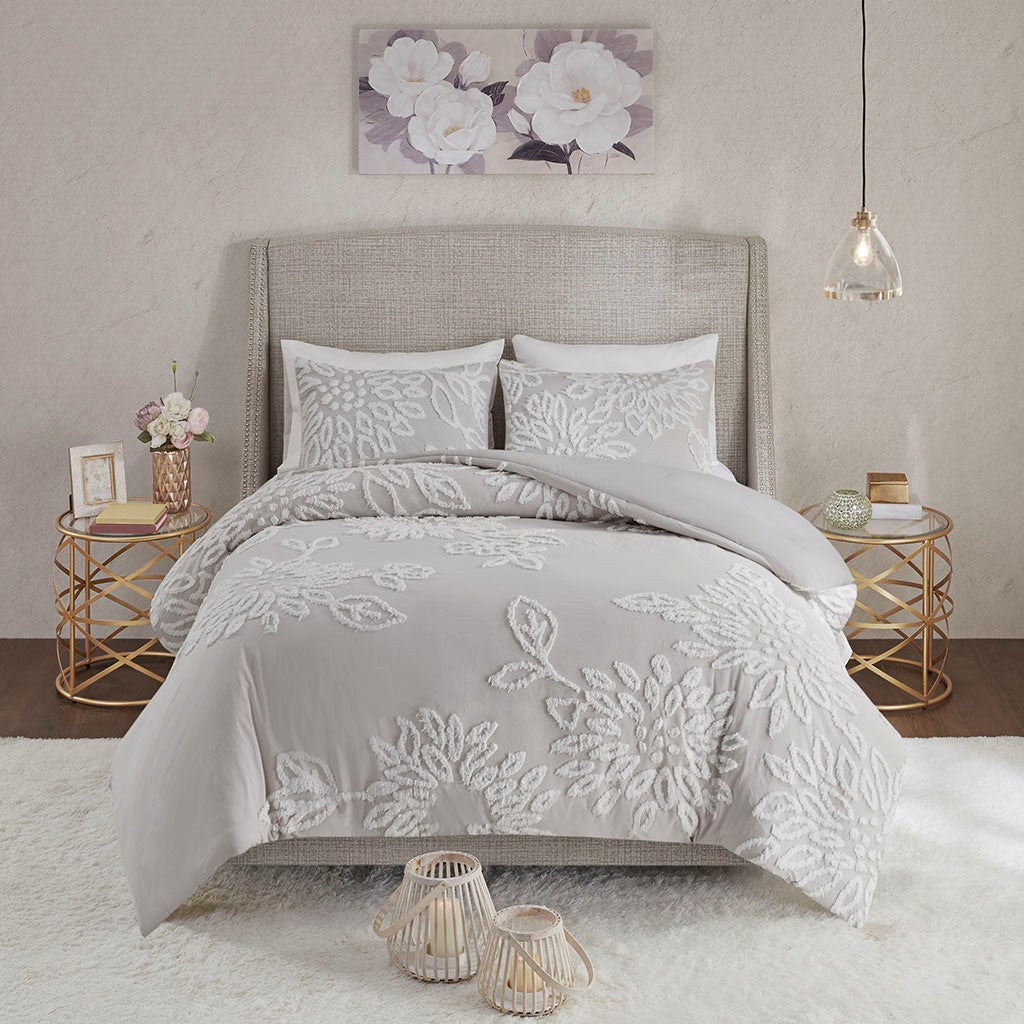 Madison Park Veronica 3 Piece Tufted Cotton Chenille Floral Duvet Cover Set - Grey / White  - Full Size / Queen Size Shop Online & Save - ExpressHomeDirect.com