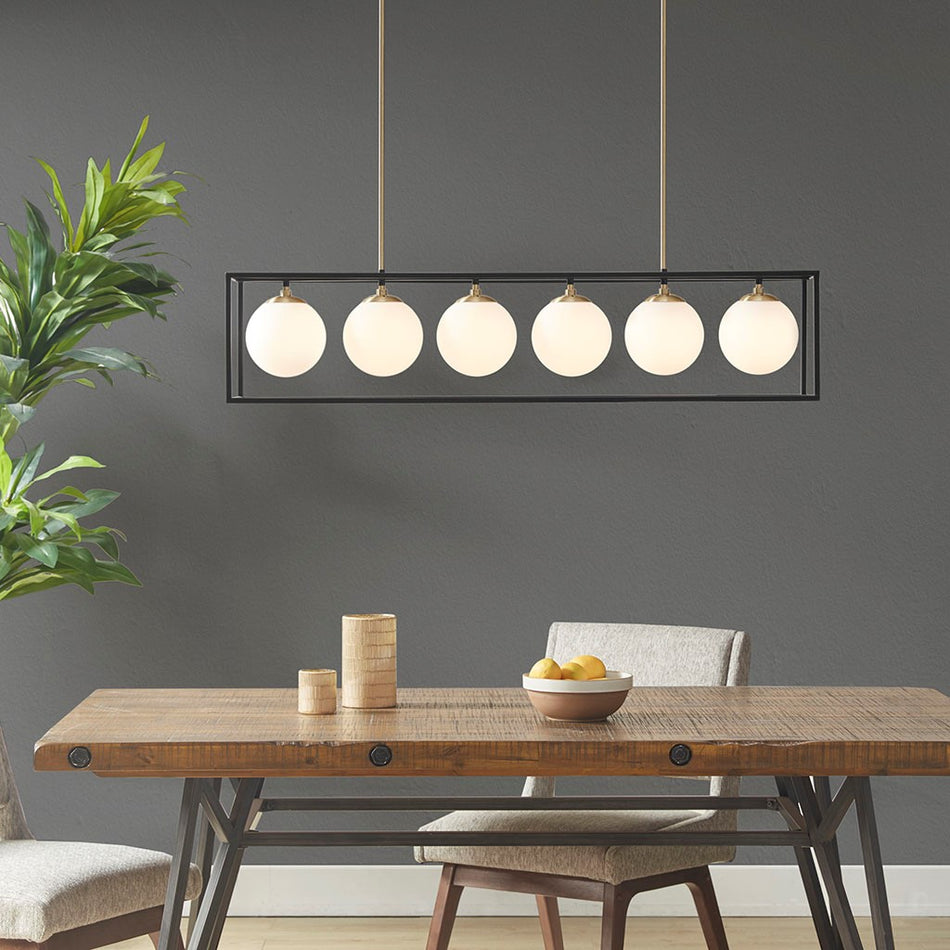 Helena 6-Light Frosted Glass Globe Linear Chandelier - Antique Brass / Black