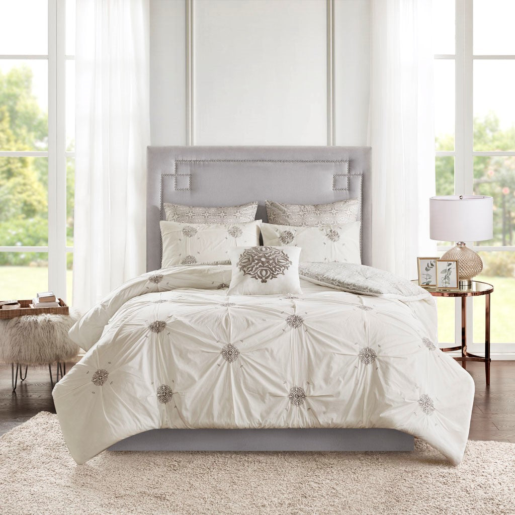 Madison Park Malia 6 Piece Embroidered Cotton Reversible Comforter Set - Ivory  - King Size / Cal King Size Shop Online & Save - ExpressHomeDirect.com