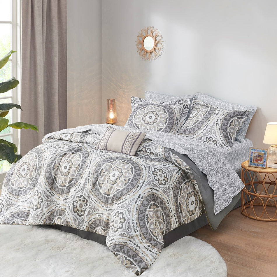 Serenity 9 Piece Comforter Set with Cotton Bed Sheets - Taupe - Cal King Size