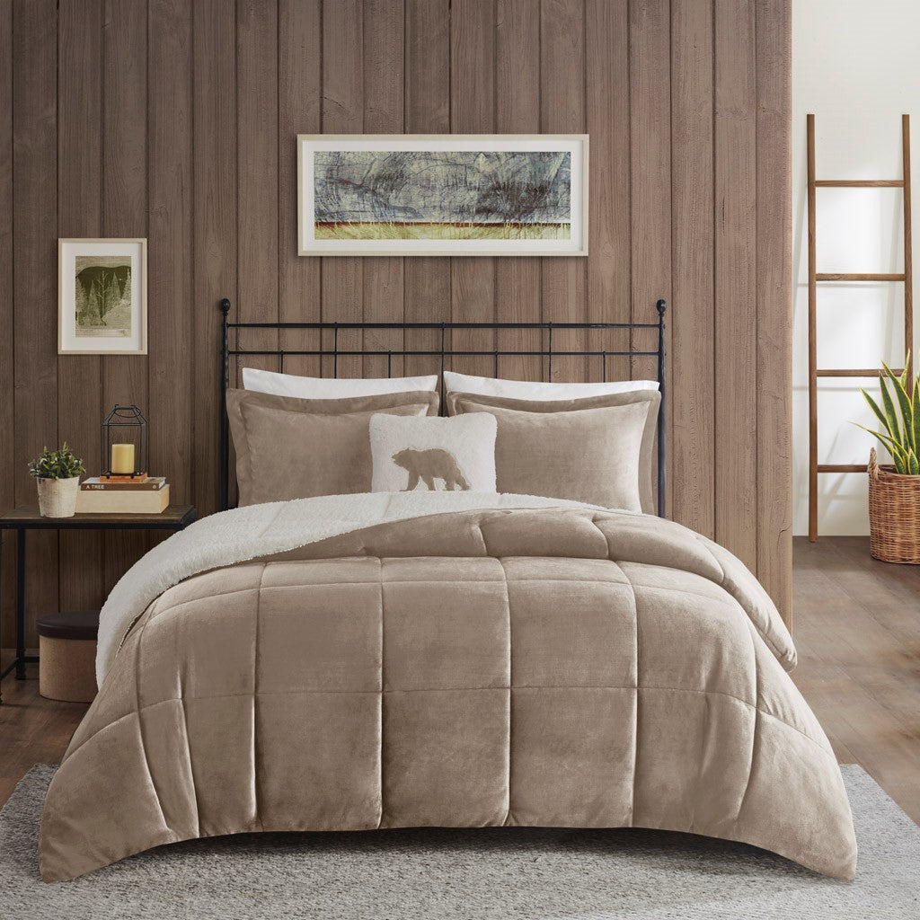 Woolrich Alton Plush to Sherpa Down Alternative Comforter Set - Taupe / Ivory  - King Size Shop Online & Save - ExpressHomeDirect.com