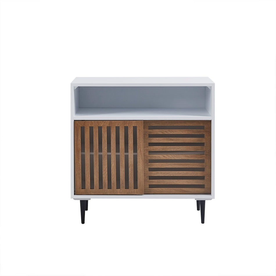 Serenity Mid Century Sliding Slat Door Accent Cabinet - White / Brown