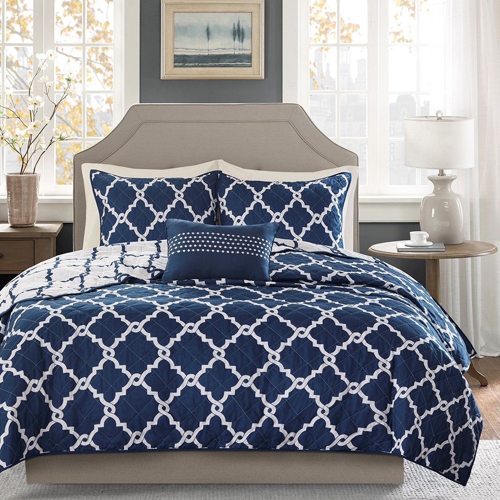 Madison Park Essentials Merritt 4 Piece Reversible Quilt Set with Throw Pillow - Navy  - Full Size / Queen Size Shop Online & Save - ExpressHomeDirect.com