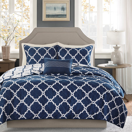 Madison Park Essentials Merritt 4 Piece Reversible Quilt Set with Throw Pillow - Navy  - Full Size / Queen Size Shop Online & Save - ExpressHomeDirect.com