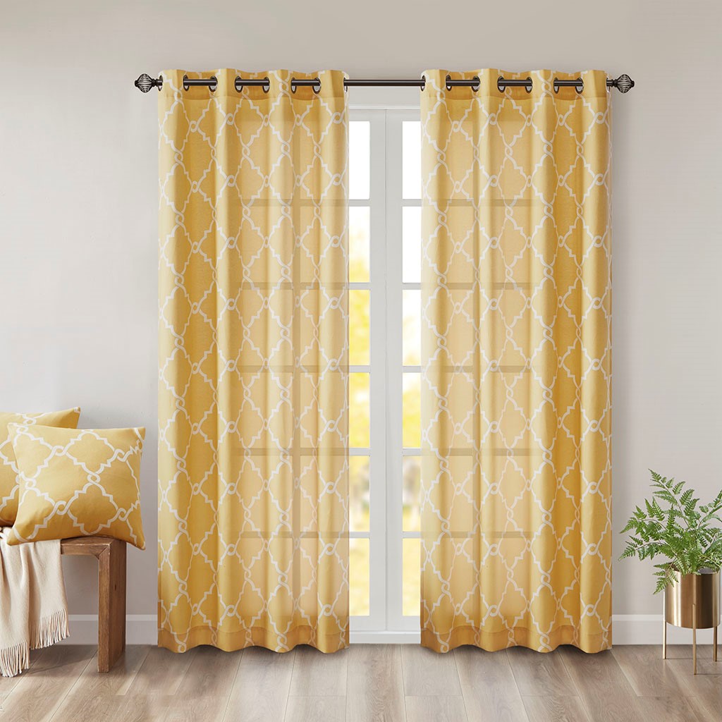 Madison Park Saratoga Fretwork Print Grommet Top Window Curtain - Yellow - 50x108"