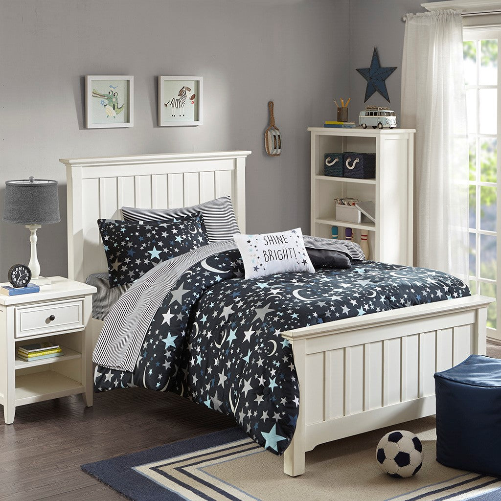 Mi Zone Kids Starry Night Space Comforter Set with Bed Sheets - Charcoal - Twin Size
