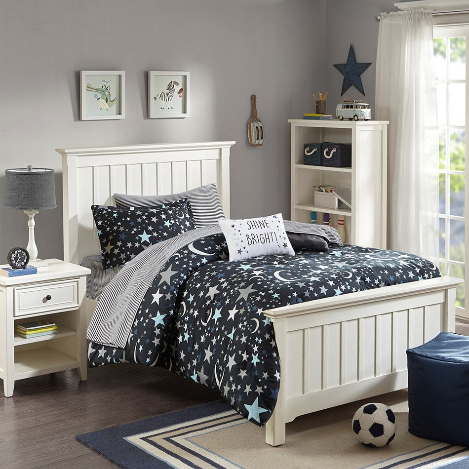 Mi Zone Kids Starry Night Space Comforter Set with Bed Sheets - Charcoal - Twin Size