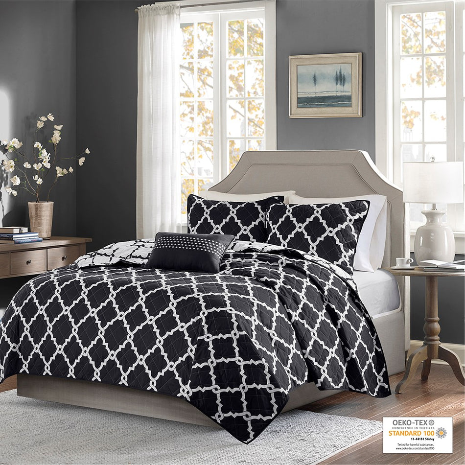 Madison Park Essentials Merritt 4 Piece Reversible Coverlet Set - Black  - King Size / Cal King Size Shop Online & Save - ExpressHomeDirect.com