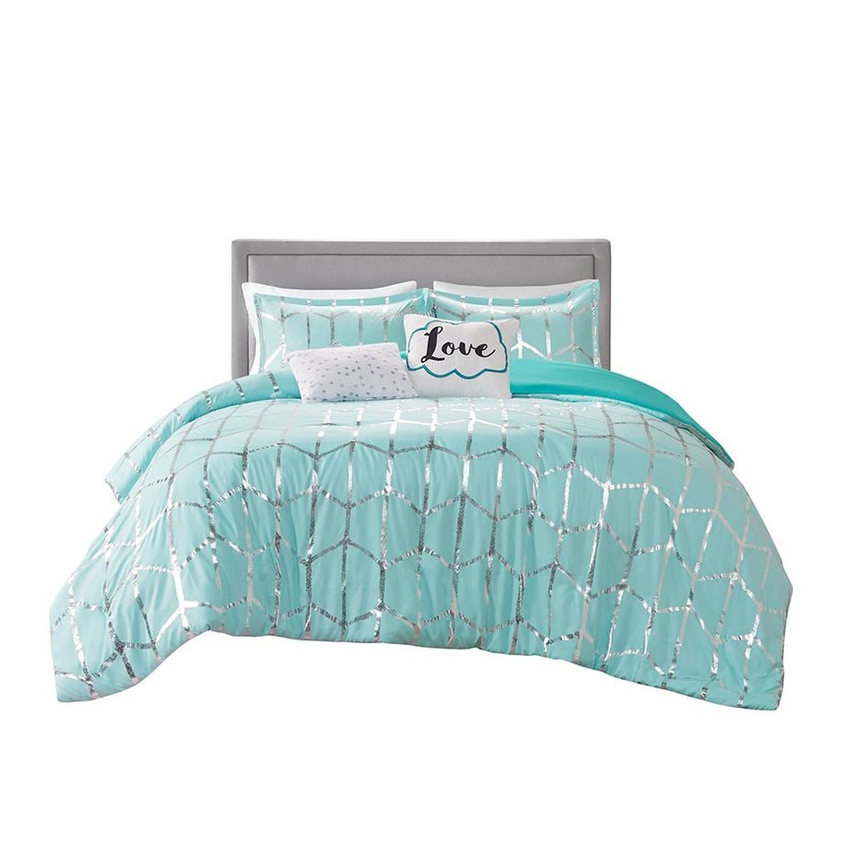 Raina Metallic Printed Duvet Cover Set - Aqua / Silver - King Size / Cal King Size