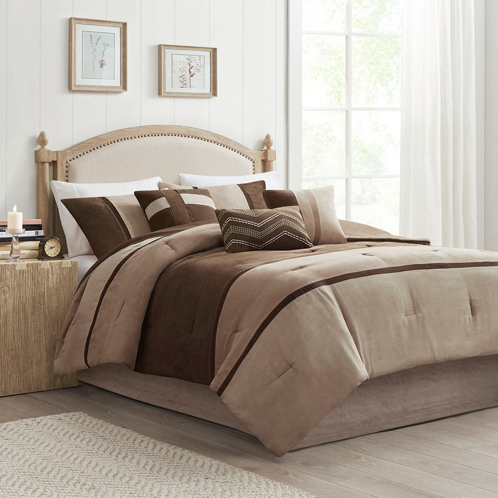 Madison Park Palisades 7 Piece Faux Suede Comforter Set - Brown - Queen Size