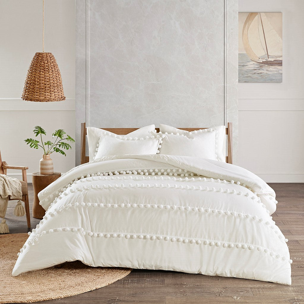 Madison Park Leona 3 Piece Pom Pom Cotton Duvet Cover Set - Ivory  - Full Size / Queen Size Shop Online & Save - ExpressHomeDirect.com