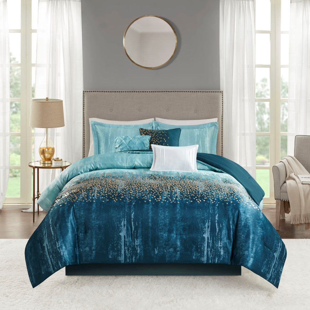 Madison Park Midnight Garden 7 Piece Metallic Print Comforter Set - Navy  - King Size Shop Online & Save - ExpressHomeDirect.com