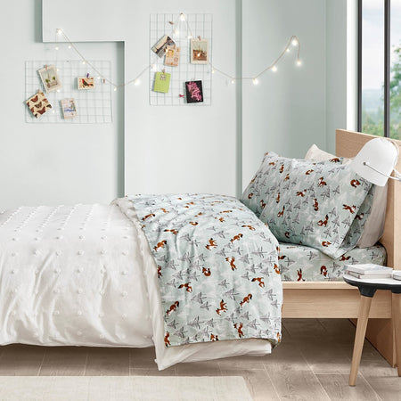 Intelligent Design  Cozy Soft Cotton Flannel Printed Sheet Set - Seafoam Foxes  - Twin XL Size Shop Online & Save - ExpressHomeDirect.com