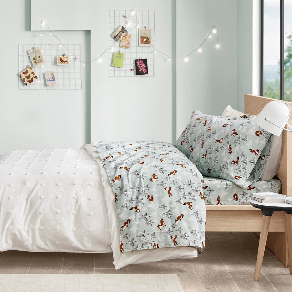 Intelligent Design  Cozy Soft Cotton Flannel Printed Sheet Set - Seafoam Foxes  - Twin XL Size Shop Online & Save - ExpressHomeDirect.com