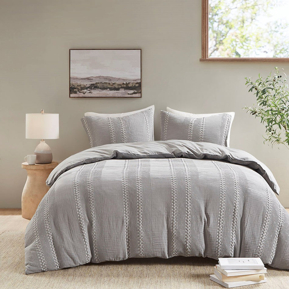 Urban Habitat Darby 3 Piece Cotton Gauze Waffle Weave Comforter Set - Grey  - King Size / Cal King Size Shop Online & Save - ExpressHomeDirect.com