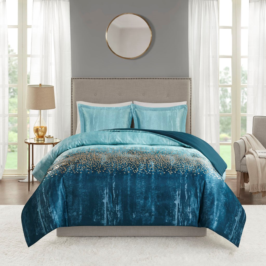 Madison Park Midnight Garden 3 Piece Metallic Print Duvet Set - Navy  - Full Size / Queen Size Shop Online & Save - ExpressHomeDirect.com