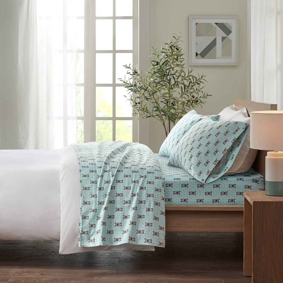 True North by Sleep Philosophy Cozy Cotton Flannel Printed Sheet Set - Aqua French Bulldog  - King Size Shop Online & Save - ExpressHomeDirect.com