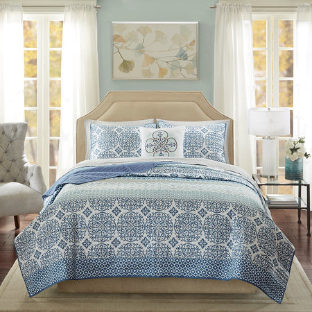 Madison Park Essentials Sybil 6 Piece Quilt Set with Cotton Bed Sheets - Blue  - Twin Size Shop Online & Save - ExpressHomeDirect.com