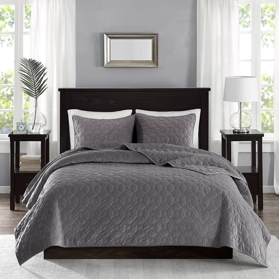 Harper 3 Piece Velvet Quilt Set - Grey - Full Size / Queen Size