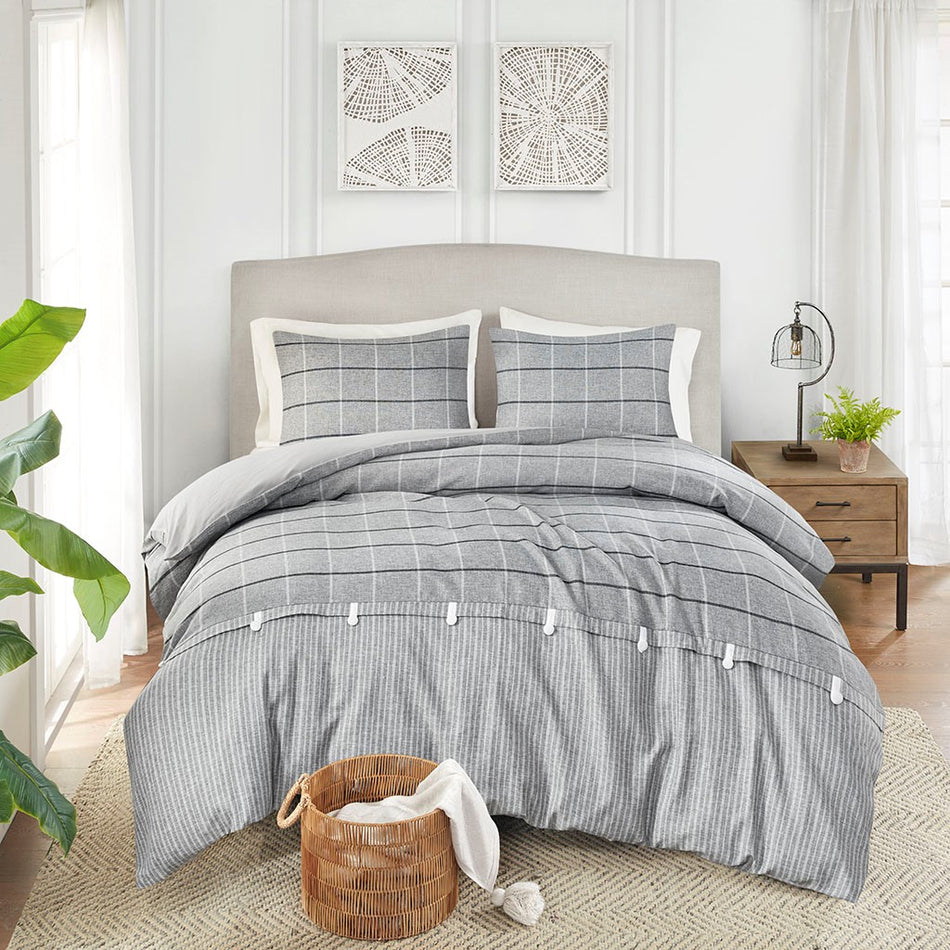 Madison Park Bryson 3 Piece Faux Linen Jacquard Duvet Cover Set - Gray  - King Size / Cal King Size Shop Online & Save - ExpressHomeDirect.com