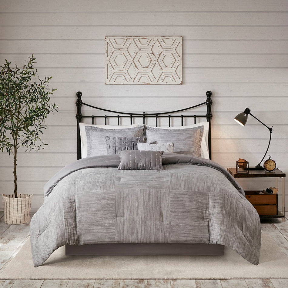 Walter 7 Piece Printed Seersucker Comforter Set - Grey - King Size