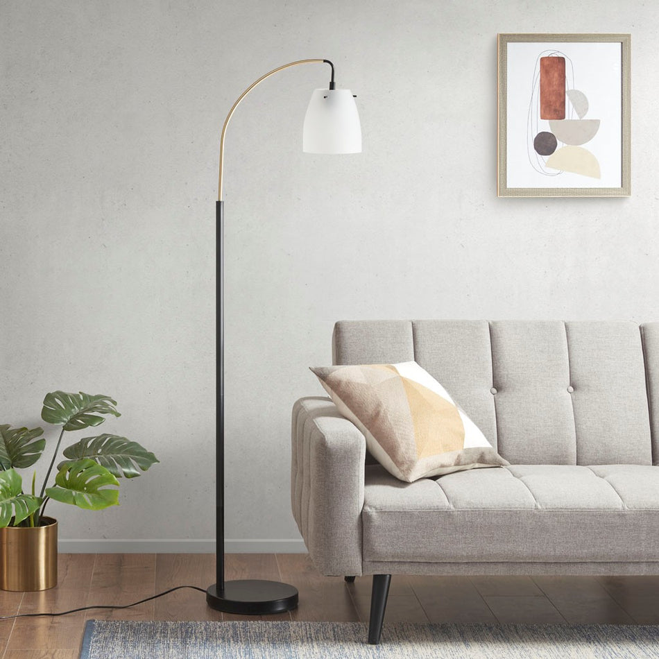 INK+IVY Bristol Arched Metal Floor Lamp with Frosted Glass Shade - Matte Black Base / Frosted Shade 