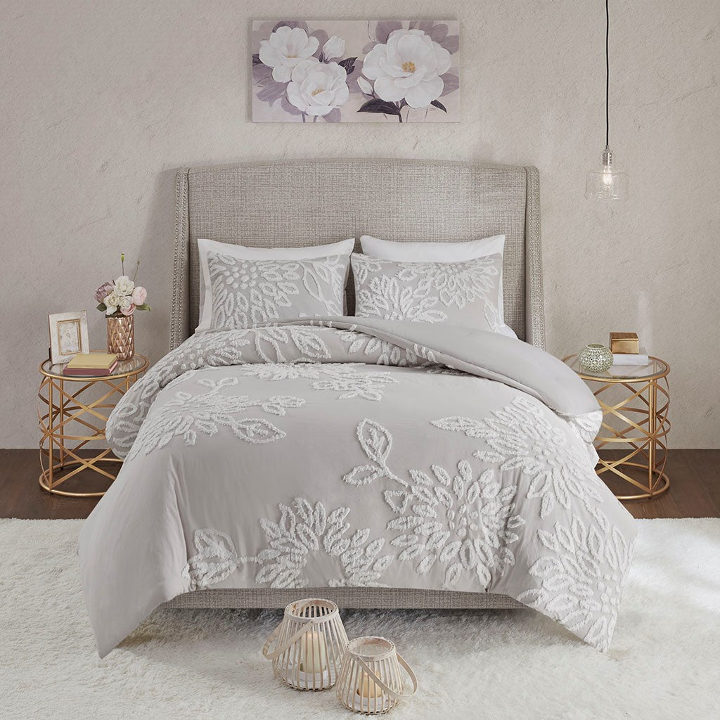 Madison Park Veronica 3 Piece Tufted Cotton Chenille Floral Comforter Set - Grey / White  - Full Size / Queen Size Shop Online & Save - ExpressHomeDirect.com