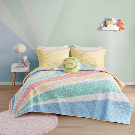 Urban Habitat Kids Rory Rainbow Sunburst Reversible Cotton Quilt Set with Throw Pillow - Yellow  - Twin Size Shop Online & Save - ExpressHomeDirect.com