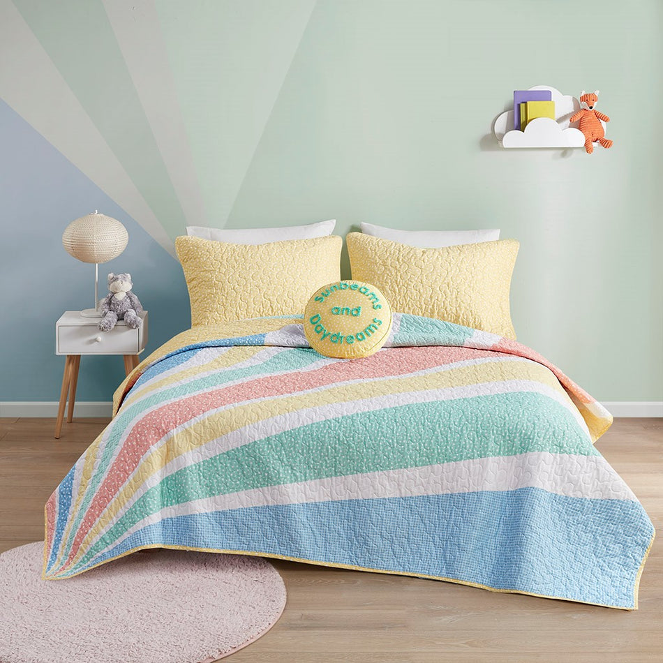 Urban Habitat Kids Rory Rainbow Sunburst Reversible Cotton Quilt Set with Throw Pillow - Yellow  - Full Size / Queen Size Shop Online & Save - ExpressHomeDirect.com