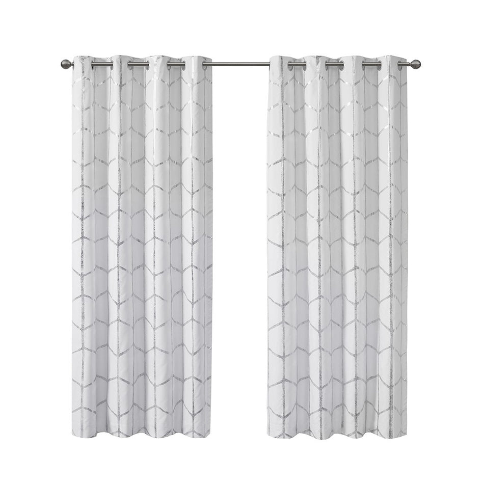 Raina Total Blackout Metallic Print Grommet Top Curtain Panel - White / Silver - 50x84"