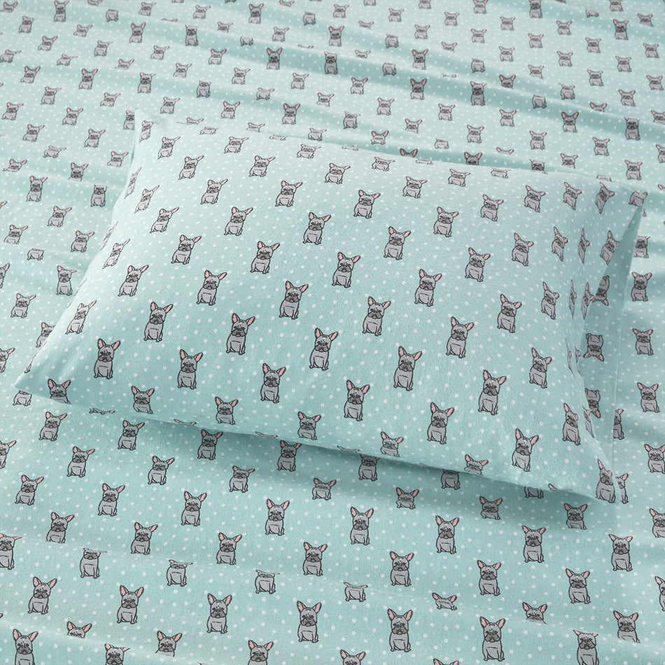 Cozy Cotton Flannel Printed Sheet Set - Aqua French Bulldog - Full Size
