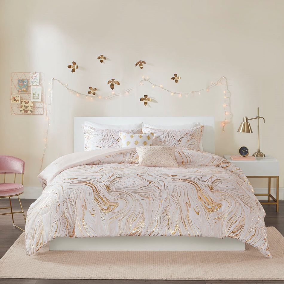 Intelligent Design  Rebecca Metallic Printed Comforter Set - Blush / Gold  - King Size / Cal King Size Shop Online & Save - ExpressHomeDirect.com
