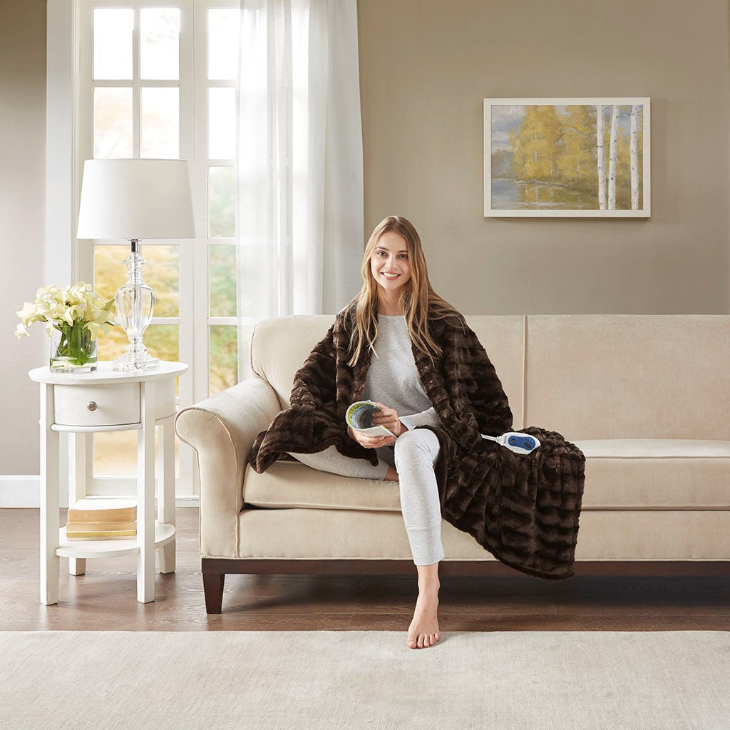 Beautyrest Heated Duke Faux Fur Heated Throw - Brown  - 50x70" Shop Online & Save - ExpressHomeDirect.com