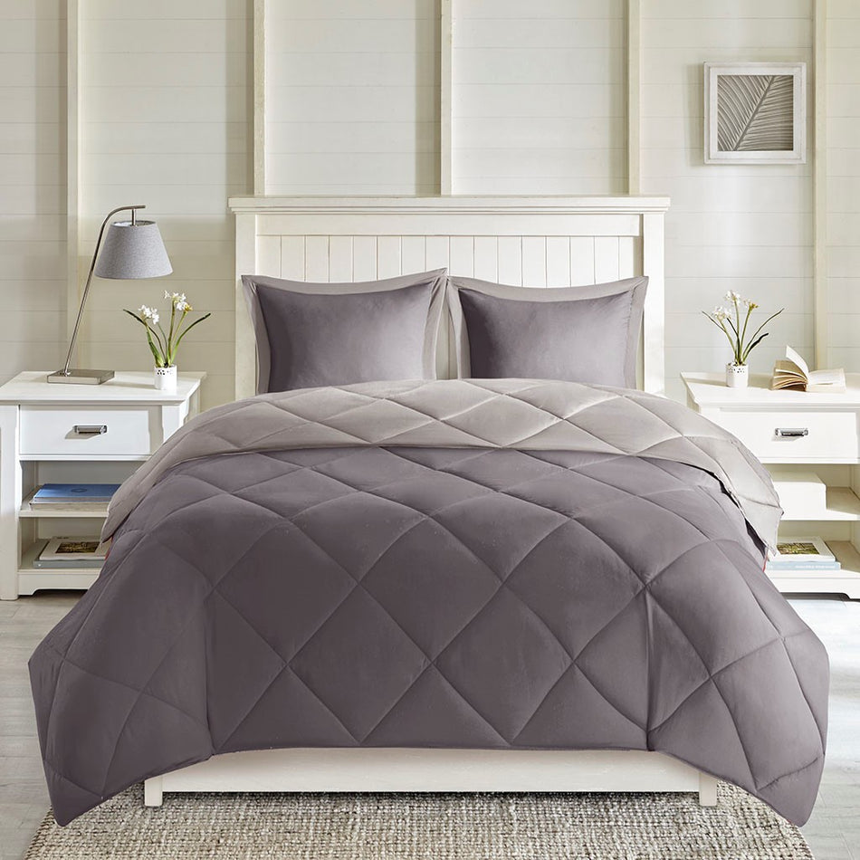 Larkspur 3M Scotchgard Diamond Quilting Reversible Down Alternative Comforter Set - Charcoal / Grey - Full Size / Queen Size