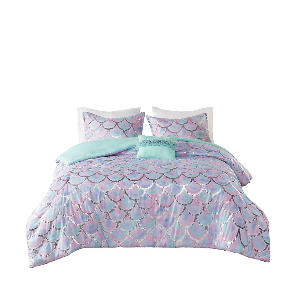 Pearl Metallic Printed Reversible Duvet Cover Set - Aqua / Purple - Full Size / Queen Size