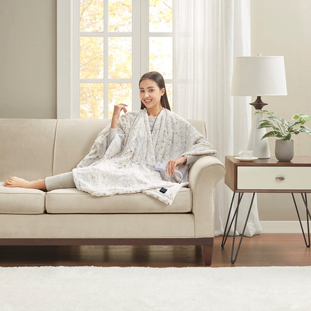 Beautyrest Zuri Faux Fur Heated Wrap with Built-in Controller - Snow Leopard  - 50x64" Shop Online & Save - ExpressHomeDirect.com