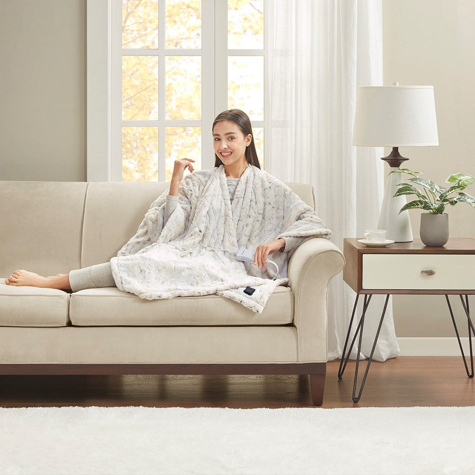 Beautyrest Zuri Faux Fur Heated Wrap with Built-in Controller - Snow Leopard  - 50x64" Shop Online & Save - ExpressHomeDirect.com