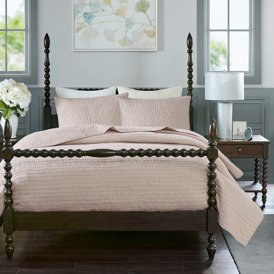 Serene 3 Piece Hand Quilted Cotton Quilt Set - Blush - King Size