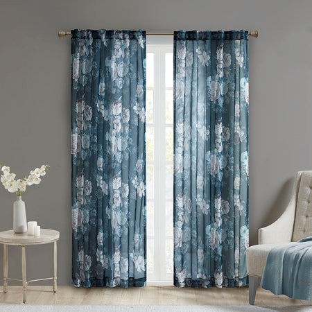 Madison Park Simone Printed Floral Rod Pocket and Back Tab Voile Sheer - Navy - 50x84"