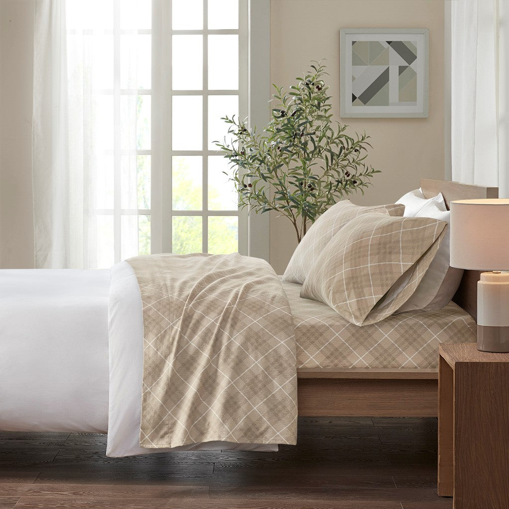 True North by Sleep Philosophy Cozy Cotton Flannel Printed Sheet Set - Tan Plaid  - Twin XL Size Shop Online & Save - ExpressHomeDirect.com