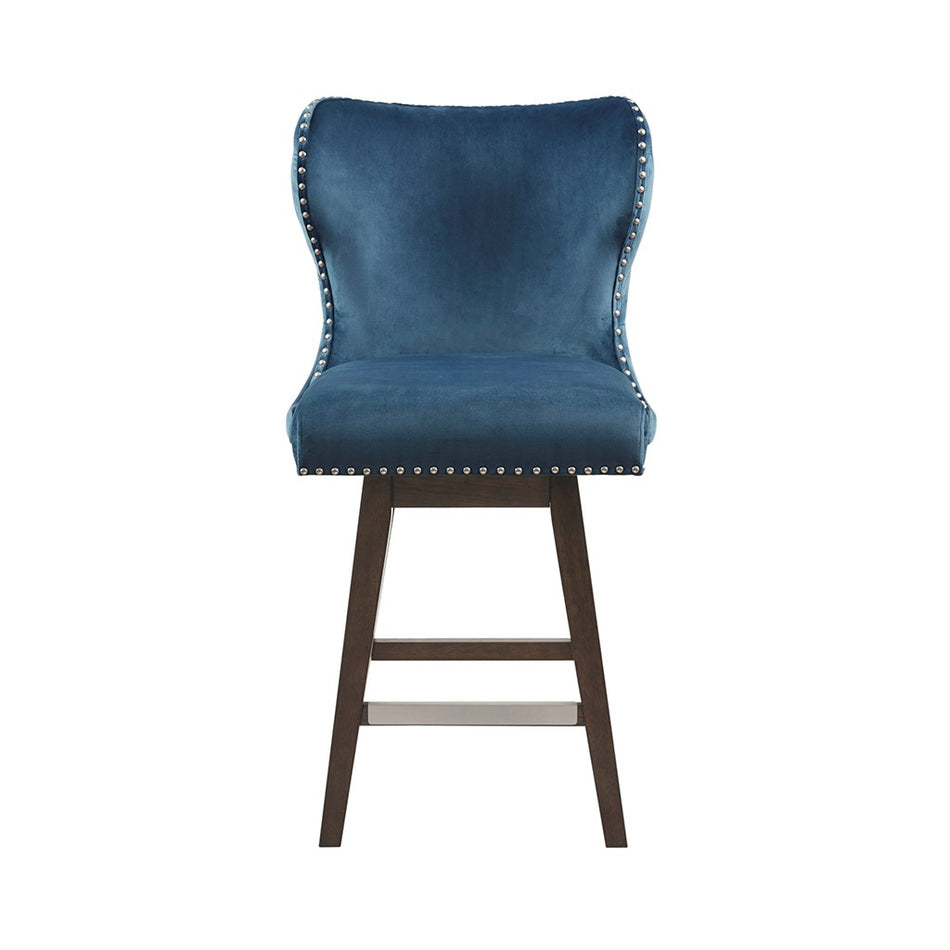Hancock High Wingback Button Tufted Upholstered 27" Swivel Counter Stool with Nailhead Accent - Dark Blue