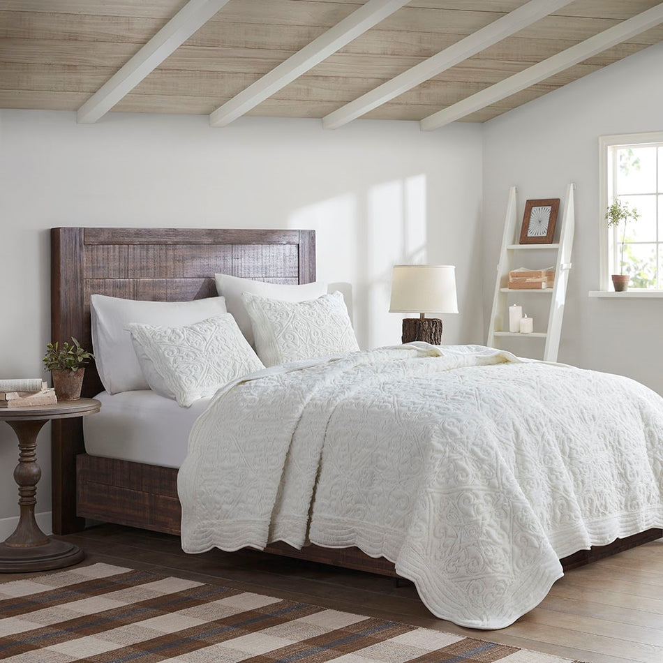 Aster 3 Piece Embroidered Faux Fur Coverlet Set - Ivory - Full Size / Queen Size