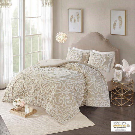 Madison Park Laetitia Tufted Cotton Chenille Medallion Comforter Set - Taupe - King Size / Cal King Size