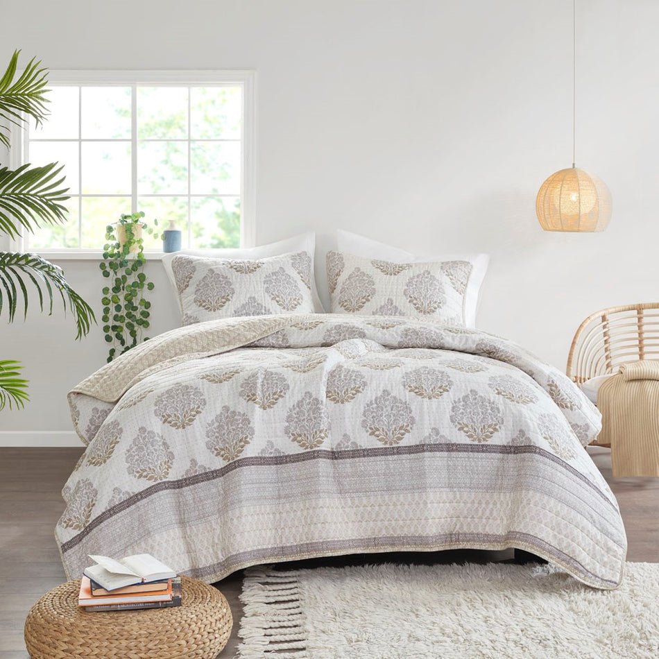 Suri 3 Piece Reversible Cotton Coverlet Set - Neutral - Full Size / Queen Size