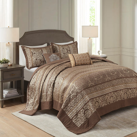 Madison Park Bellagio 5 Piece Reversible Jacquard Bedspread Set - Brown / Gold - King Size