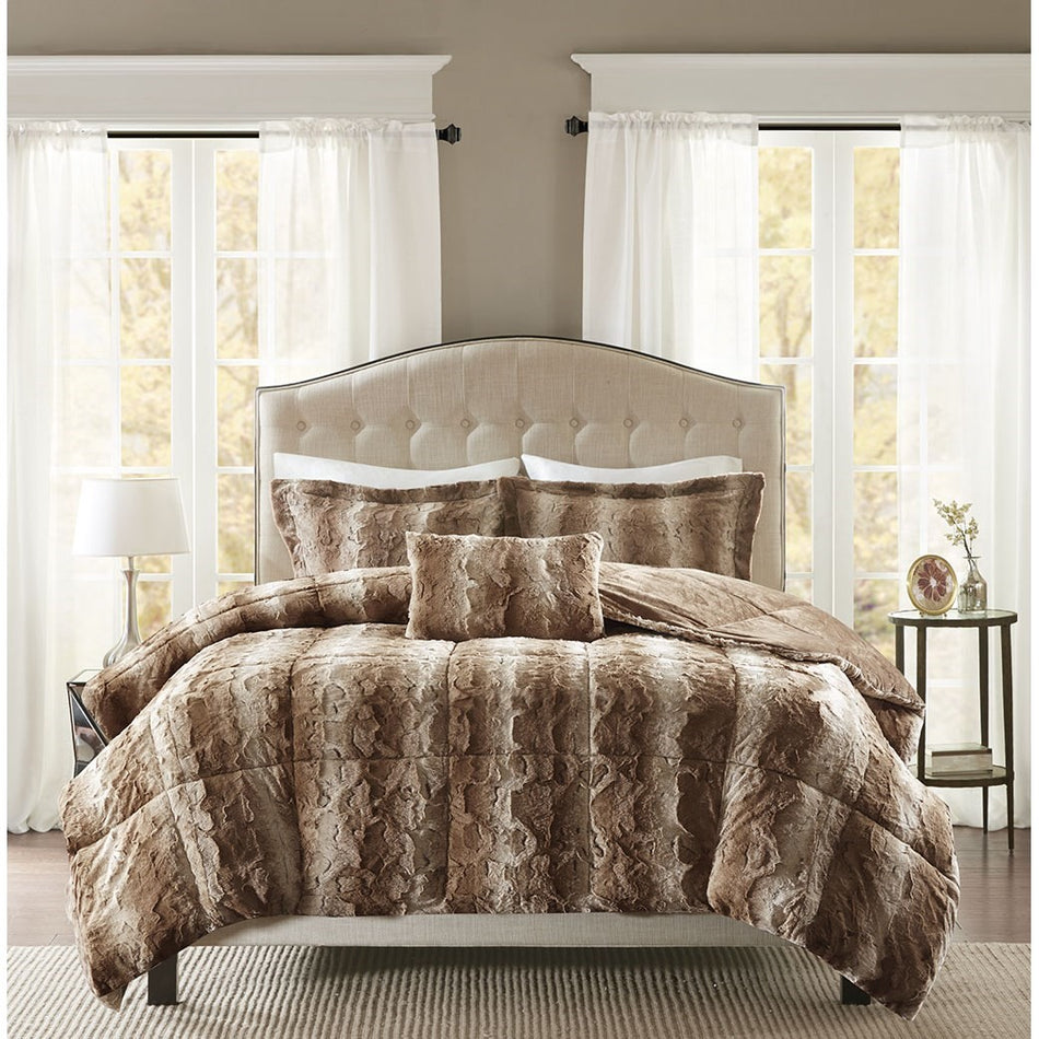 Zuri 4 Piece Faux Fur Comforter Set - Tan - Full Size / Queen Size
